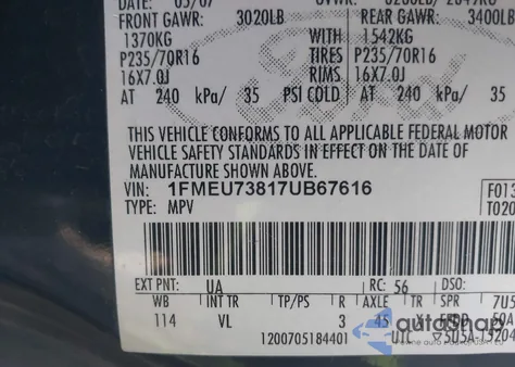 2007 Ford Explorer Xlt from USA, damaged, VIN 1FMEU73817UB67616